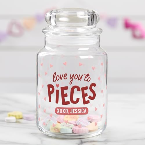 Personalization Universe Love You to Pieces Red or Pink Personalized Candy Jar - Glass Jar with Lid, Ideal for Candy, Money Saving, Date Night Ideas - Valentine's Day, Couples Games and Gifts