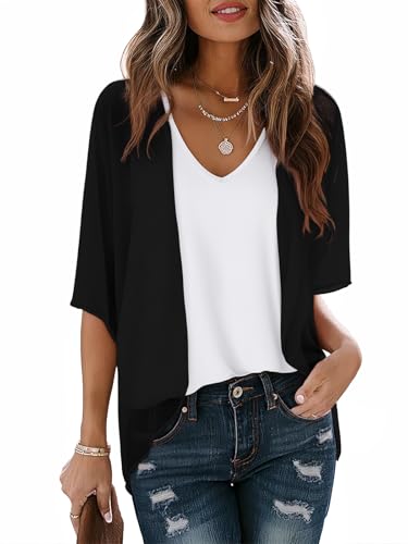 LILBETTER Women Lightweight Chiffon Cardigan Puff Sleeve Loose Be...