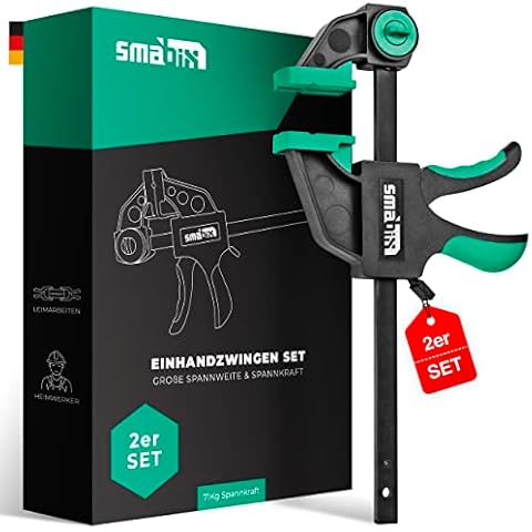 SMABIX® Einhandzwingen | 2er Set zum Spannen, Dehnen, Fixieren mit einer Hand, 71Kg Spannkraft, Spannweite 150 mm, Dehnbereich 135mm - 285mm, Einhandklemme, Spanner Holz Cover