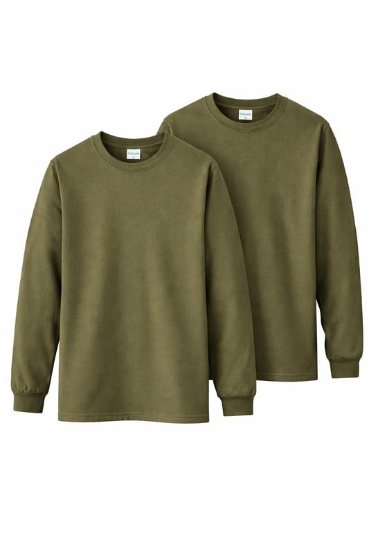 Image of Gildan Men's Heavy Cotton Long Sleeve T Shirt Style (G5400) 2 Pack Military Green
