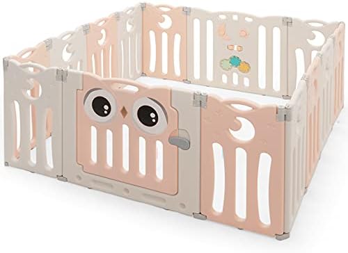 HONEY JOY Baby Play Yard - 14 Panel Owl Style Playpen With Activity Center, Safety Door & Anti-Slip Base