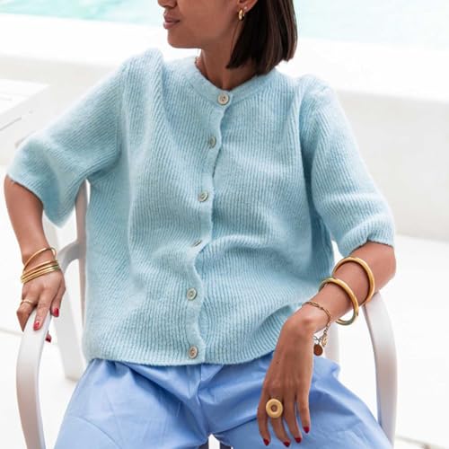 Image of Womens Button Up Short Sleeve Cardigans Sweater Cropped Lightweight Round Neck Elegant Knit Tops with Pockets