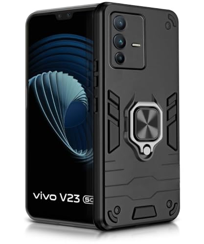 Image of WOW IMAGINE Shock Proof Back Case Mobile Cover for Vivo V23 | Back Cover Case (Tough Armor | Hybrid PC + TPU | Ring Holder & in-Built Kickstand | Black)