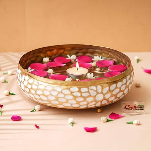 Image of eCraftIndia Golden Metal Urli Bowl for Home Decoration Office Tv Unit Kitchen Showpiece for Good Luck | Urli for Floating Candles Flowers for Pooja Room Entryway Living Room Diwali Gift