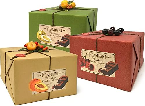 Flamigni 1930 | Assorted Italian Gourmet Artisanal Panettone Chocolate And Fruit | Dark Chocolate And Cherry Amarena | Dark Chocolate And Apricot | Citrus And Dark Chocolate | 1Kg