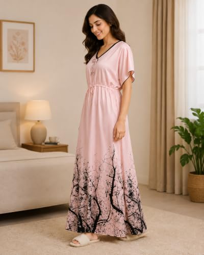 Image of Noty Women's Kaftan Nighty | Digital Print | Sarena Fabric | V Shaped Neck Nightwear | Nightdress for Girl