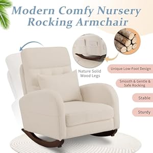 VINGLI Teddy Fleece Low Seat Rocking Chair,Boucle Upholstered Nursery Glider Chair with Side Pockets,Accent Arm Chair with High Backrest,Comfy Head Rest,Solid Wood,for Living Room, Bedroom,Beige VINGLI Teddy Fleece Low Seat Rocking ChairBoucle Upholstered Nursery Glider Chair with Side PocketsAccent Arm Chair with High BackrestComfy Head RestSolid Woodfor Living Room BedroomBeige