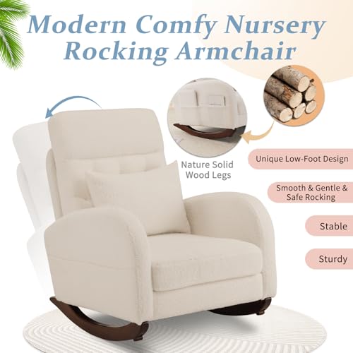 VINGLI-Teddy-Fleece-Low-Seat-Rocking-ChairBoucle-Upholstered-Nursery-Glider-Chair-with-Side-PocketsAccent-Arm-Chair-with-High-BackrestComfy-Head-RestSolid-Woodfor-Living-Room-BedroomBeige VINGLI Teddy Fleece Low Seat Rocking ChairBoucle Upholstered Nursery Glider Chair with Side PocketsAccent Arm Chair with High BackrestComfy Head RestSolid Woodfor Living Room BedroomBeige