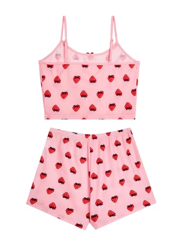Image of Hilinker Womens Graphic 2 Piece Pajama Set Summer Cute Crop Cami and Shorts Ribbed Lounge Sets