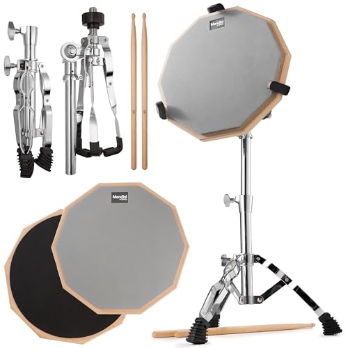 Mendini by Cecilio Drum Practice Pad - 12 In Snare Drum Stand Set With Double Sided Silent Drums Pad, Drum Sticks, Adjustable Stand (Grey)