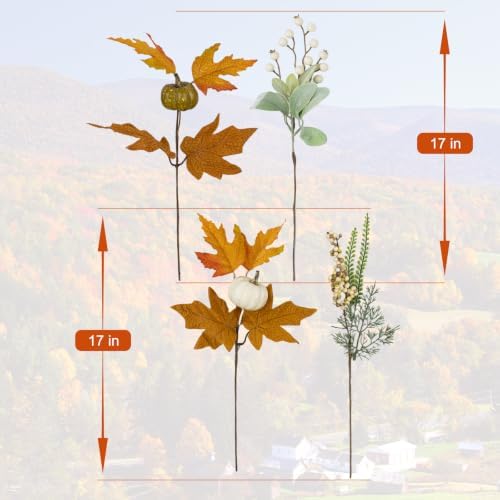 JINGHONG 12 Pack Artificial Fall Decorations 17 Inch Fall Picks Berry Stems with Pumpkins Maple Leaves Lamb Ears Leaves for Autumn Flower Arrangements Harvest Festival Thanksgiving Day Decor - 2