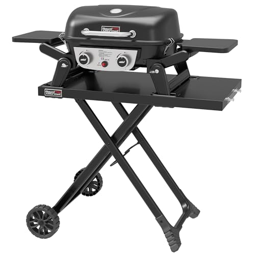 Royal Gourmet Tragbarer 2-Brenner Gasgrill inkl. Grilltisch, 5kW Tischgrill mit separatem Rollwagen, Portabler Tischgasgrill mit Klapptisch für Balkon,Terrasse, Camping Schwarz