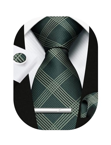 Image of HISDERN Plaid Ties for Men Classic Checkered Tie and Pocket Square Cufflinks Tie Clip Set Woven Men's Necktie Business