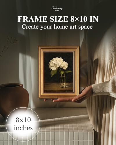 Image of HUARCEY Gold Framed Vintage Wall Art for Living Room, Flowers Painting Prints Shelf Decor for Kitchen, Aesthetic Bedroom Wall Art, Best Gifts for Friends or Family - White Hydrangea 10L x 8W