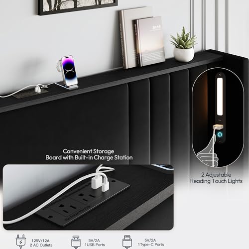 Image of Queen Bed Frame with 55.1 inch Tall Headboard, Velvet Upholstered Platform Bed with Channel Tufted Wingback, 2 Reading Lights /Storage Shelf /Charging Station /Easy Assembly /Noise-Free, Black