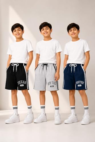 Image of LilBits Kids Cotton Blend Shorts Pack of 3 | Breathable Summer Casual Shorts for Boys & Girls with Drawstring Waist, Side Piping, Soft Fabric, Playwear & Outdoor Comfort