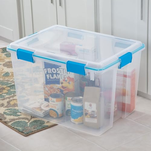 Image of Sterilite Gasket Storage Box with Lids for Home & Office, 80 Quart, 4-Pack | Heavy-Duty, Stackable, and Organizing Containers for Bathroom, Cabinet, Closet, and Garage, Clear and Blue Aquarium Latches