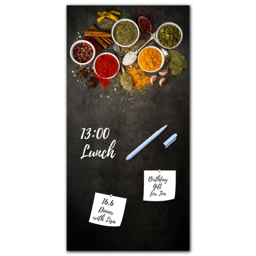Memoboard Spice Bowls L 30 x 60 cm | Magnettafel aus Glas zum beschriften hochkant | Optimal geeignet für Küche Esszimmer & Eingangsbereich als funktionaler Eyecatcher | Gewürze Löffel Bowls | bunt Cover