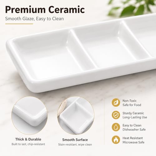 Image of Healeved 2-Pack Ceramic Appetizer Serving Tray Set 3-Compartment Rectangular Divided Sauce Dishes for Soy Sauce Dips Condiments 11.81X4.96X1.96 Inch