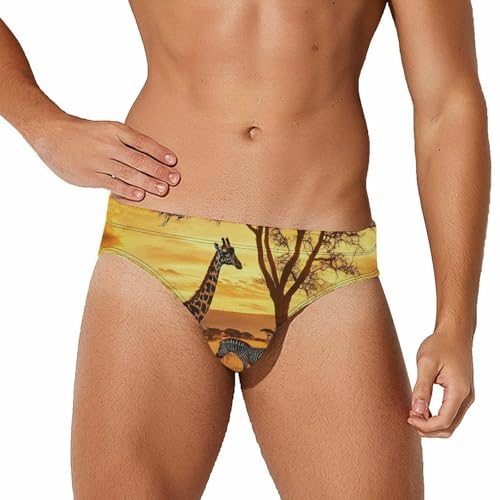 Giraffes Zebras African Savannah Sunset Mens Swim Briefs Bikini Sexy Low Rise Trunks Swimsuit Bathing Suit Beach