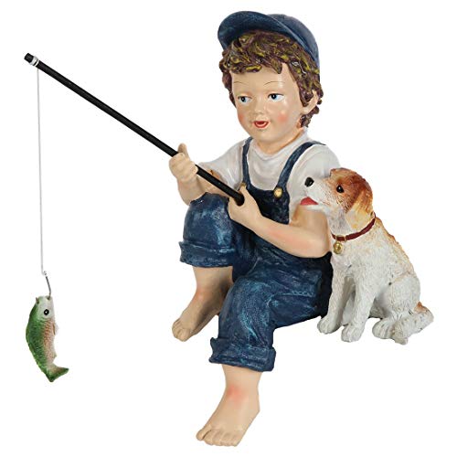 Lily's Home 10-Inch Fishing Boy and Dog Statue - Resin Garden Decor for Outside - Outdoor and Garden...