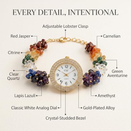 Image of ARKN Crystal Bracelet Watch for Women | Natural Gemstone Beaded Wrist Watch | Gold-Tone Dial with Rhinestone Bezel | Adjustable Fashion Jewellery Gift for Women & Girls