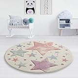 Taracarpet Kinderzimmer und Jugendzimmer Teppich Dreamland Kinderzimmerteppich Sterne Creme Vintage bunt 120 cm rund