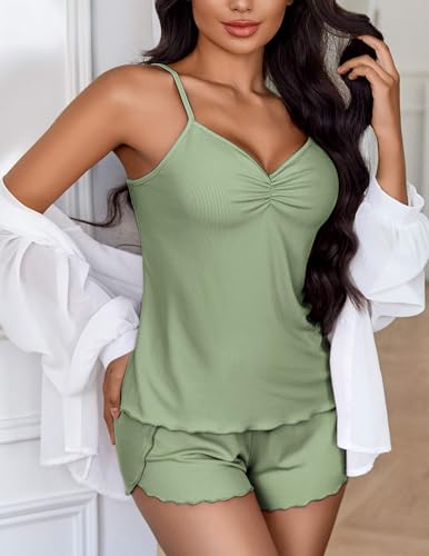 Image of Ekouaer Womens Cami Pajama Sets 2 Piece Ribbed Knit Lingerie Sleeveless Tank Top and Shorts Camisole Pjs Sleepwear