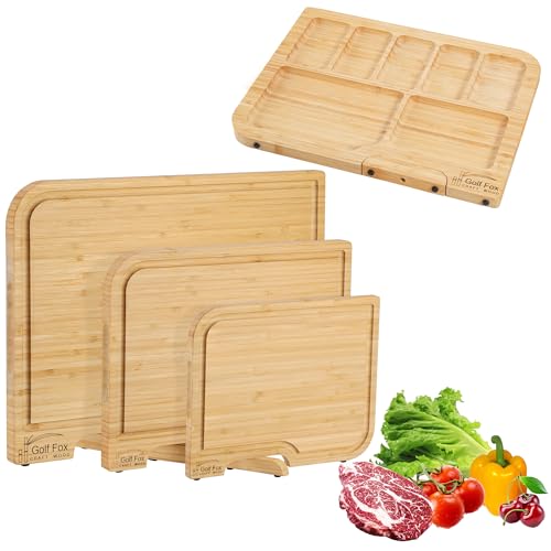 3-PCS Bamboo Cutting Board Set with Innovative Stand - Durable Double Sided Chopping Board with Juice Groove & Handle for Meal Prep, Meat, Fruit, Charcuterie Serving, Eco-Friendly Healthy Kitchen Gift