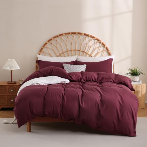 JSD Burgundy Duvet Cover Set Queen Size 3 Piece Duvet Cover with Pillow Shams Soft Brushed Microfiber Zipper Closure Comforter Not Included
