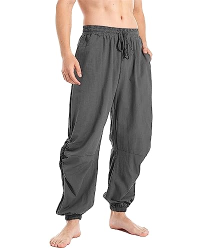 YAOBAOLE Pantalon Lin Homme Été Large Décontracté Hippie Taille Élastique avec Cordon Harem Léger Pantalon de Plage d’Été Gris Foncé XL