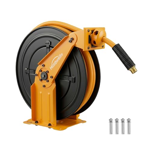 Holdwell S Retractable Air Hose Reel 1/2 x 50FT EPDM Rubber Air Hose 300PSI Max Auto-Rewind & Length-Lock 1/2 NPT Fitting Ceiling/Wall Mount Heavy Duty Dual Arm Steel Reel for Workshop/Garage