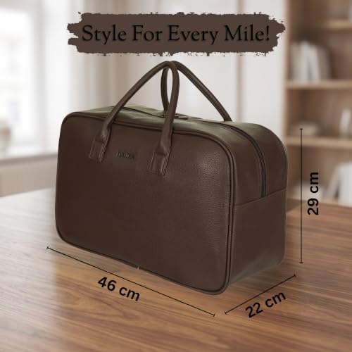 Image of Nautica Unisex 30L Travel Duffle Bag | Premium PU Vegan Leather with Twin Grab Handles for Men & Women | Spacious Main Compartment with Organised Pockets for Weekend Travel Trips | Dark Brown