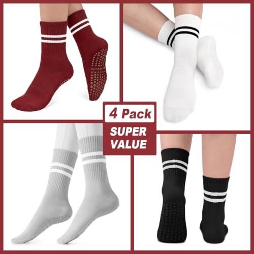Image of Pilates Socks for Women, Non Slip Grip Socks for Yoga, Barre, Hospital, Grippy Socks Womens Gifts, 4 Pairs
