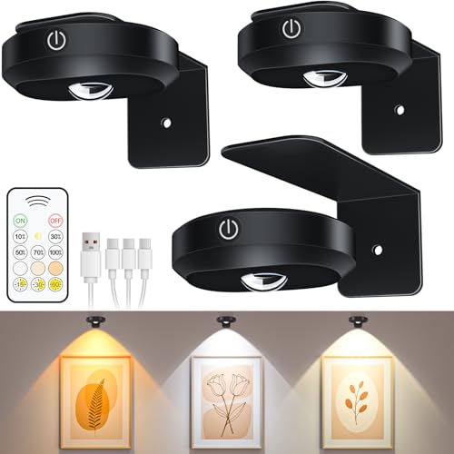 WILLED 3 PCS Lampe Tableau sans Fil Rechargeable, Eclairage Tableau Led Pile Avec Télécommande et Contrôle Tactile, Spot LED sans Fil, 3 Couleurs et...