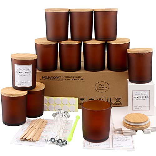 MILIVIXAY 12 Pack 7 OZ Frosted Amber Glass Candle Jars with Lids and Candle Making Kits