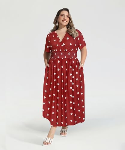 Image of CARCOS Plus Size Dresses for Curvy Women V Neck Summer Maxi Dress Short Sleeve Floral Boho Dress Smocked Waist Beach Dress