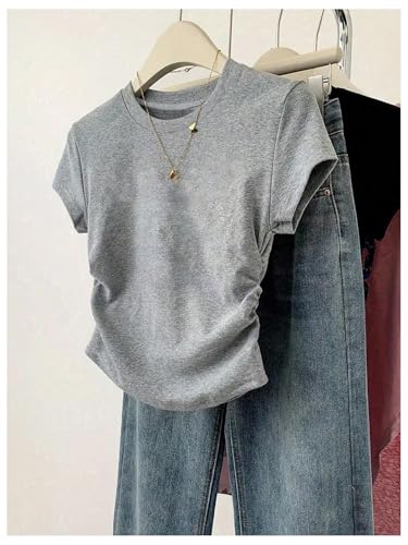 OYOANGLE Girl's 3 Pack Short Sleeve Ruched Tops Crew Neck Slim Fitted Plain T Shirts Summer Tees4