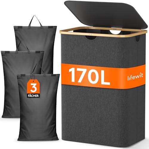 Lifewit 170L Wäschekorb mit 3 Fächern und Deckel, Dunkelgrau | Großer Wäschesammler mit 3 herausnehmbaren Wäschesäcken, Wäschebox zum Sortieren für Schlafzimmer und Bad
