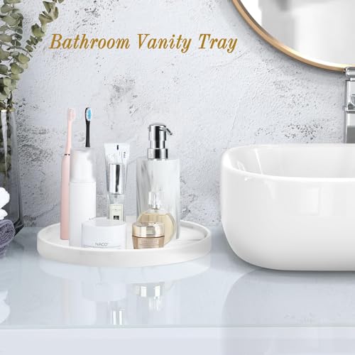 Luxspire Rund Tablett deko, Harz Kosmetiktablett Dekoschalen Schminktisch Make up Tablett Dekoteller Schmuck Organizer Servierbrett Schale für Kosmetik Schmuck Bad Wohnzimmer Deko, Marmor Weiß