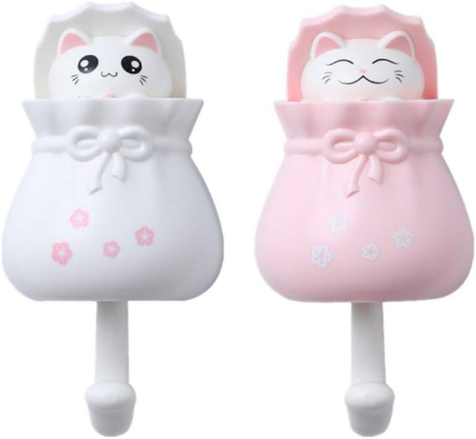 REOOHOUSE Self Adhesive Wall Hook Decorative Wall Coat Hook Cute Lucky Cat for Hanging Coats,Bags,Purses, Towels,Keys for Kids & Adults Home Office Use Set of 2(Lucky Cat)