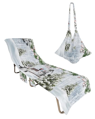 Merry Christmas Beach Chair Towel Covers for Chaise Lounge with Side Pocket, Soft Plush Pool Towels Cover for Patio Sunbathing Outdoor 29''x85'' Snowman Winter Pine Tree Leaves