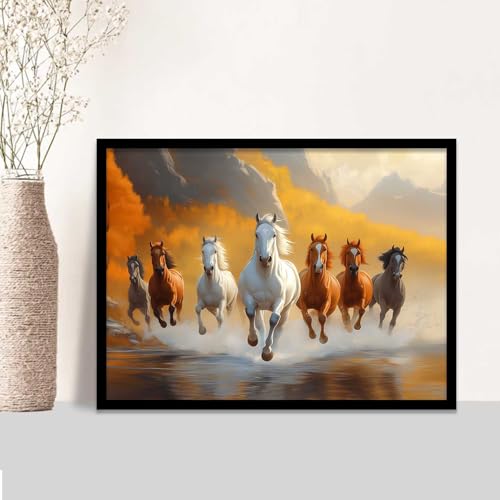 Image of HOTHOUSE Seven Running Vastu Lucky Horse and Rising Sun Painting | 7 Horses Vastu Frame Wall Art Painting for Living Room Bedroom Office Home Decor Wall Decor Size (13X17 inch)