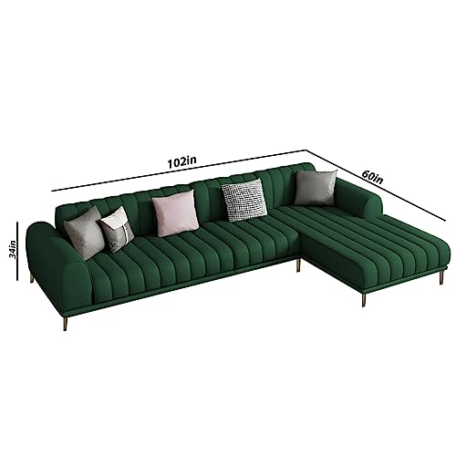 Image of Casaliving Herrick RHS 6 Seater L Shape Sofa Set with 2 Puffy for Living Room (Green Colour Fabric) Premium Velvet Fabric Sofa