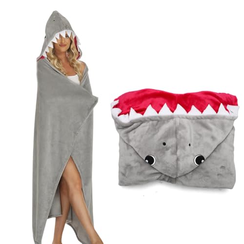 Portable Blanket, Shark Blanket, Gift for Women and Men, Flannel Cuddly Hooded, Fluffy, 150 x 130 cm