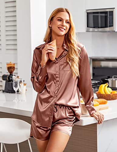 Ekoauer Womens Satin Stylish V Neck Long Sleeve Button Down Shirt And Matching Shorts Pajama Set, Brown, Medium #TOP2