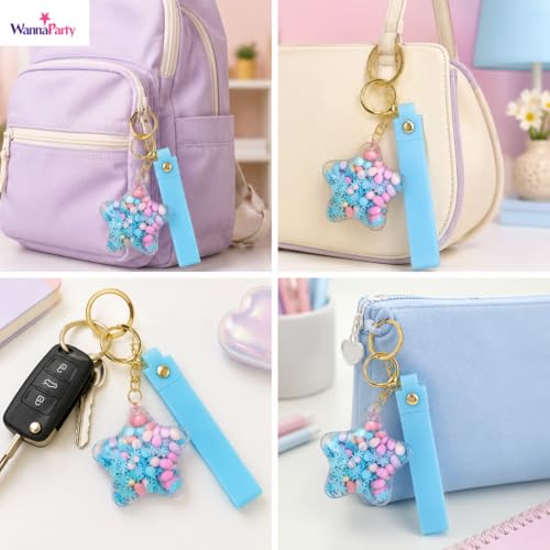 Image of Wanna Party Star Shaped Beads Keychain with Blue Wrist Strap, Cute Bag Charm Key Ring for Boys and Girls, Backpack Accessories, Birthday Return Gifts, Party Favors, School Bag Decoration - 1PC
