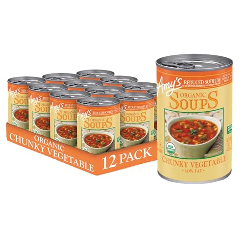 Amy’s Soup, Vegan Reduced Sodium Chunky Vegetable Soup, Gluten Free, Made With Organic Vegetables, Canned Soup, 14.3 Oz (12 Pack)
