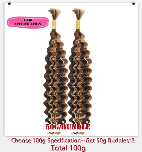Human Hair for Braiding 20 Inches Deep Wave P4/27 - Bulk Double Drawn Weft Extensions for Knotless Boho Micro Braids 100g (50g x 2) - Image 2