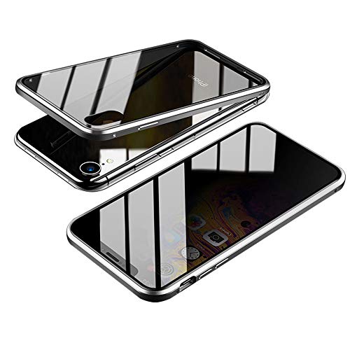 Orgstyle Coque pour iPhone XR Étui Anti Espion Magnétique Double Face Verre Trempé Anti Spy Case 360 Degrés Protection Etui Housse Cadre Métallique Etui Anti-Peep Antichoc Coque, Argent Cover